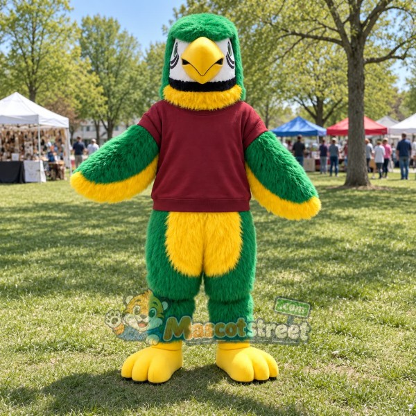 Green Parrot Mascot Costume with Burgundy Sweatshirt