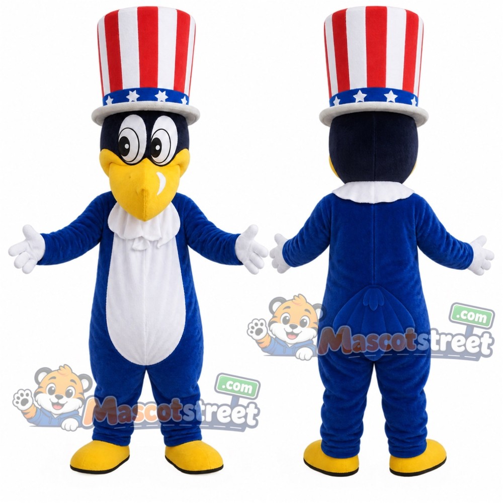 Blue Crow Mascot Costume with Red and White Striped Top Hat Blue Crow Mascot Costume with Red and White Striped Top Hat