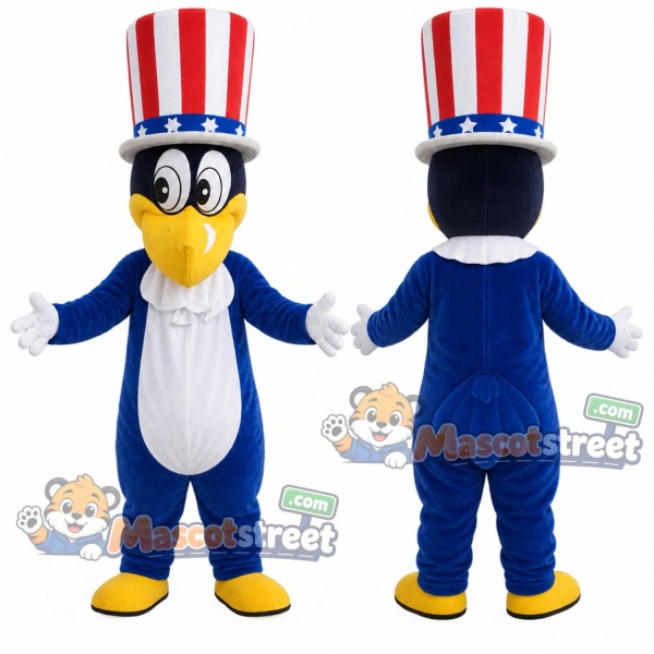 Blue Crow Mascot Costume with Red and White Striped Top Hat