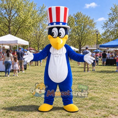 Blue Crow Mascot Costume with Red and White Striped Top Hat Blue Crow Mascot Costume with Red and White Striped Top Hat