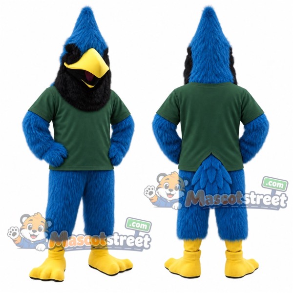 Blue Bird Mascot Costume with Green Shirt and Black Scarf