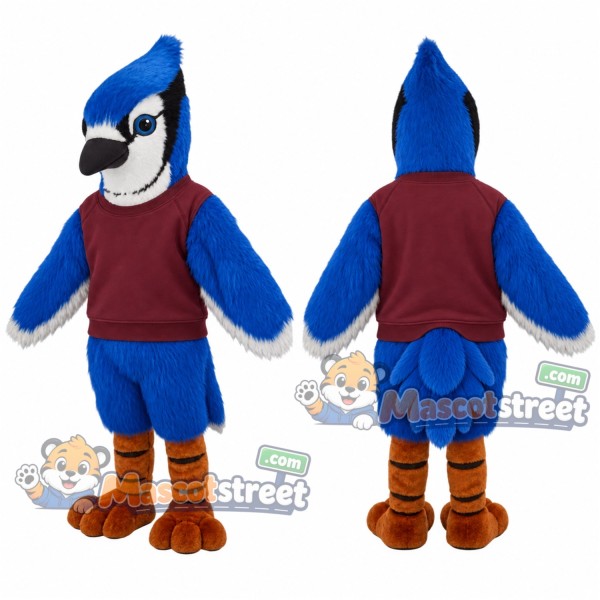 Blue Bird Mascot Costume with Burgundy Sweatshirt