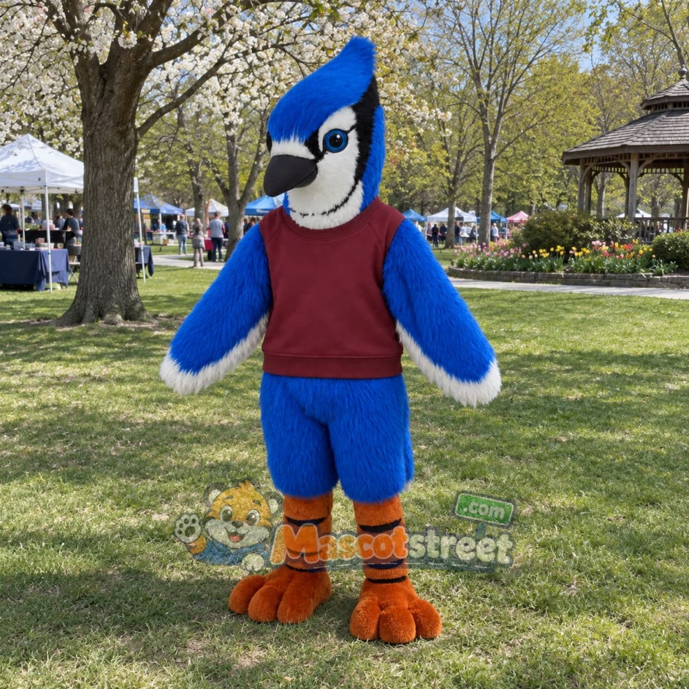 Blue Bird Mascot Costume with Burgundy Sweatshirt Blue Bird Mascot Costume with Burgundy Sweatshirt