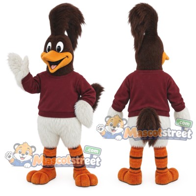 Brown and White Roadrunner Mascot Costume with Burgundy Sweatshirt Brown and White Roadrunner Mascot Costume with Burgundy Sweatshirt