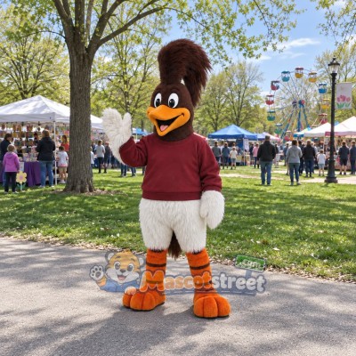 Brown and White Roadrunner Mascot Costume with Burgundy Sweatshirt Brown and White Roadrunner Mascot Costume with Burgundy Sweatshirt