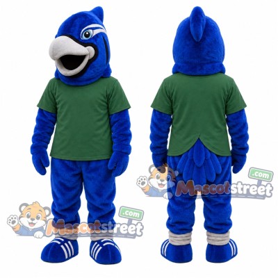 Blue Hawk Mascot Costume with Green Shirt