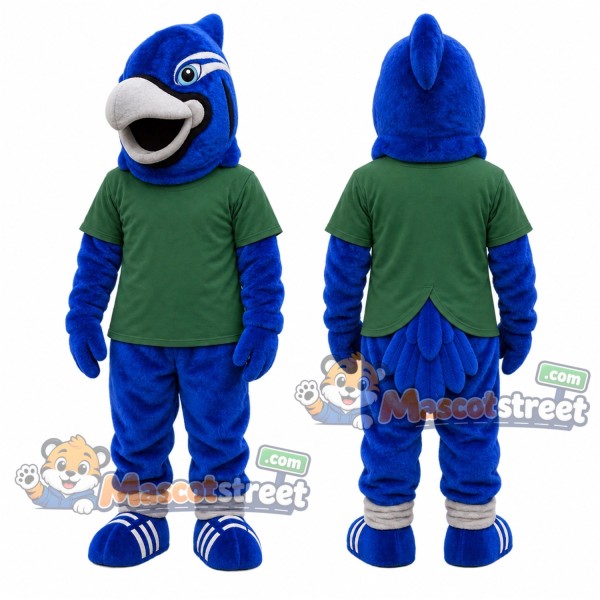 Blue Hawk Mascot Costume with Green Shirt