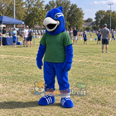 Blue Hawk Mascot Costume with Green Shirt