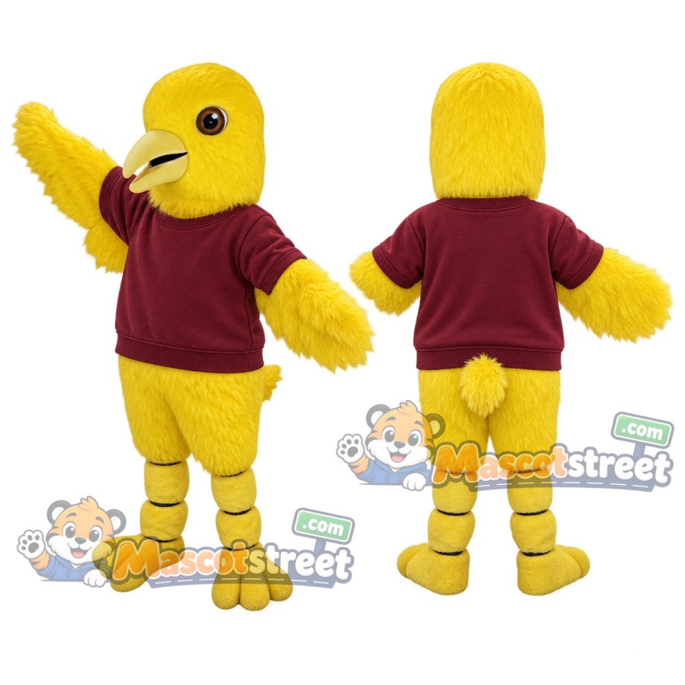 Yellow Canary Mascot Costume with Burgundy Sweatshirt Yellow Canary Mascot Costume with Burgundy Sweatshirt