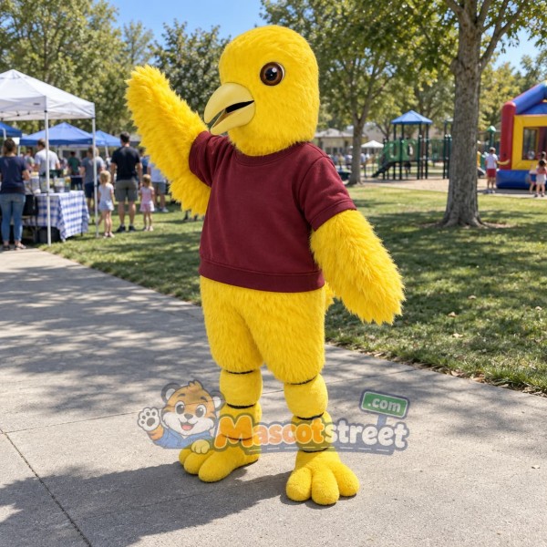 Yellow Canary Mascot Costume with Burgundy Sweatshirt