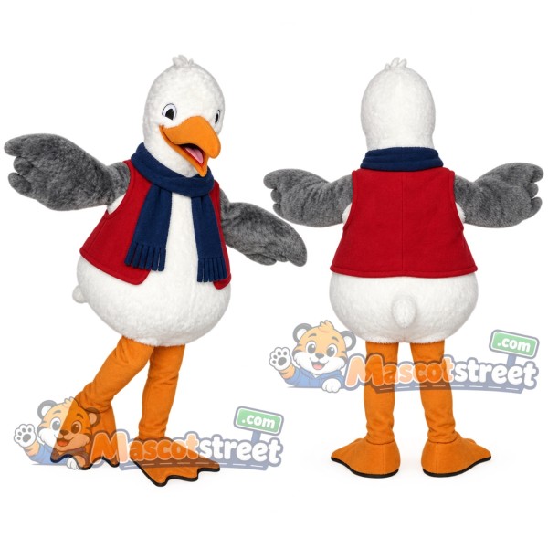White Swan Mascot Costume with Red Vest and Navy Scarf