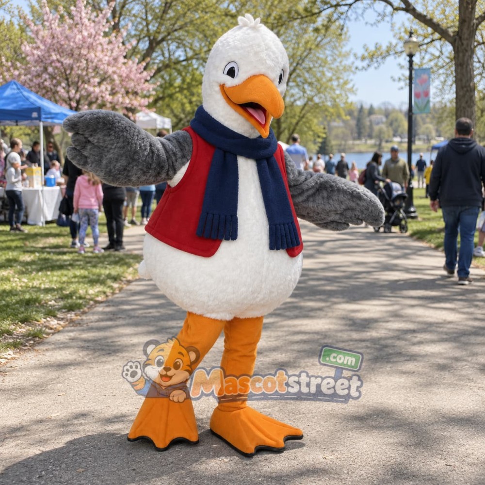 White Swan Mascot Costume with Red Vest and Navy Scarf