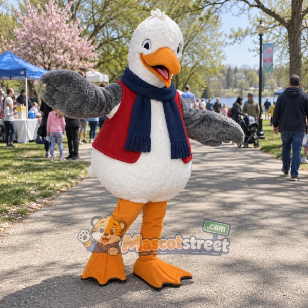 White Swan Mascot Costume with Red Vest and Navy Scarf