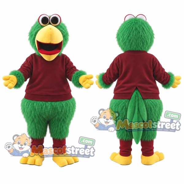 Green Parrot Mascot Costume with Burgundy Sweatshirt
