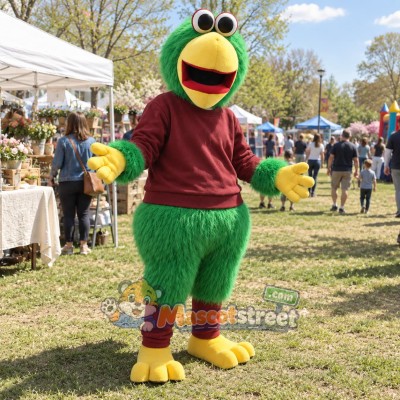 Green Parrot Mascot Costume with Burgundy Sweatshirt