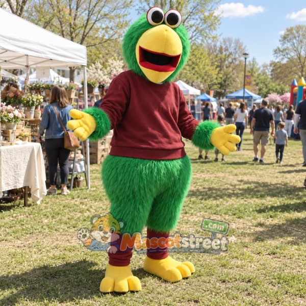 Green Parrot Mascot Costume with Burgundy Sweatshirt