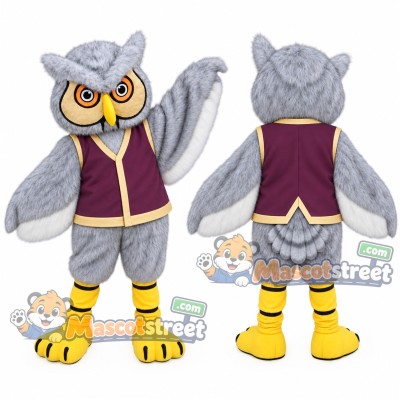 Gray Owl Mascot Costume with Purple Vest Gray Owl Mascot Costume with Purple Vest