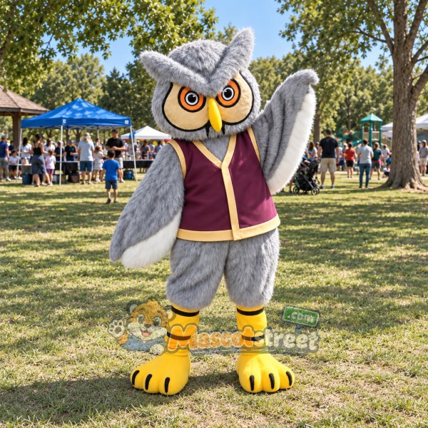 Gray Owl Mascot Costume with Purple Vest