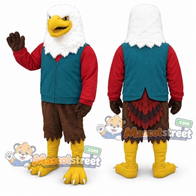 Bald Eagle Mascot Costume with Teal Vest and Red Shirt Bald Eagle Mascot Costume with Teal Vest and Red Shirt