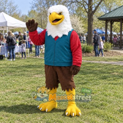 Bald Eagle Mascot Costume with Teal Vest and Red Shirt Bald Eagle Mascot Costume with Teal Vest and Red Shirt
