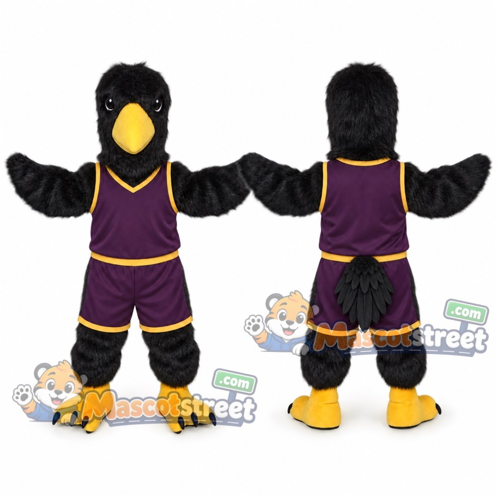 Black Raven Mascot Costume with Purple Sports Uniform