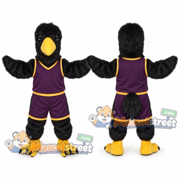 Black Raven Mascot Costume with Purple Sports Uniform