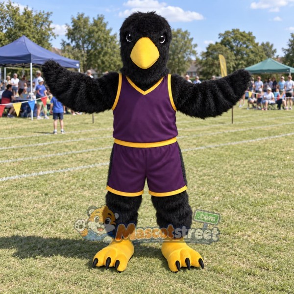 Black Raven Mascot Costume with Purple Sports Uniform