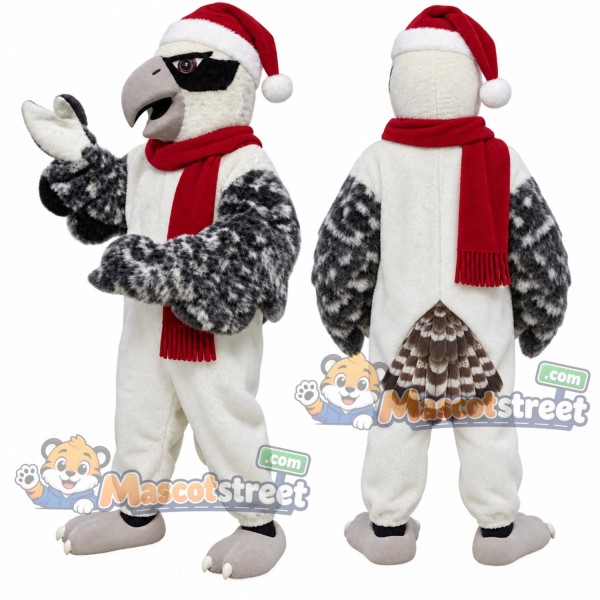 White Osprey Mascot Costume with Santa Hat and Red Scarf