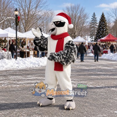 White Osprey Mascot Costume with Santa Hat and Red Scarf White Osprey Mascot Costume with Santa Hat and Red Scarf