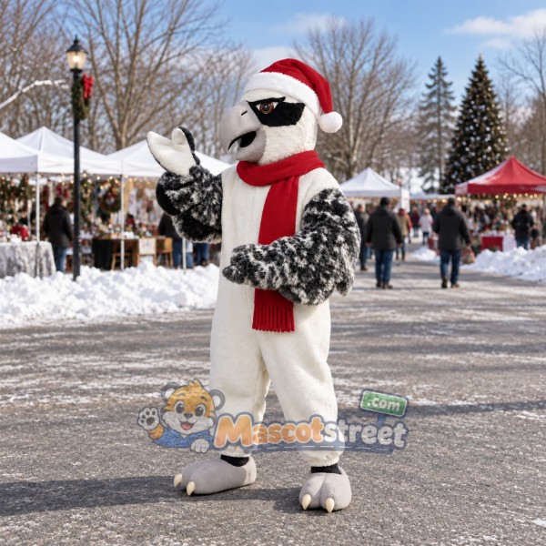 White Osprey Mascot Costume with Santa Hat and Red Scarf