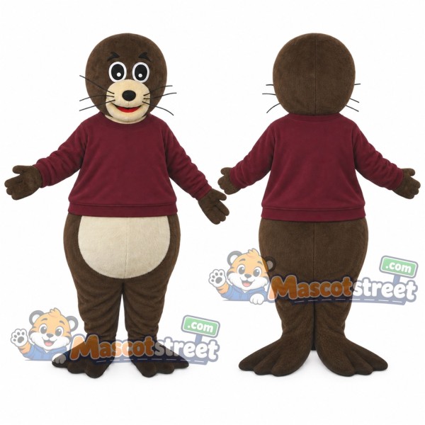 Brown Sea Lion Mascot Costume with Burgundy Sweatshirt