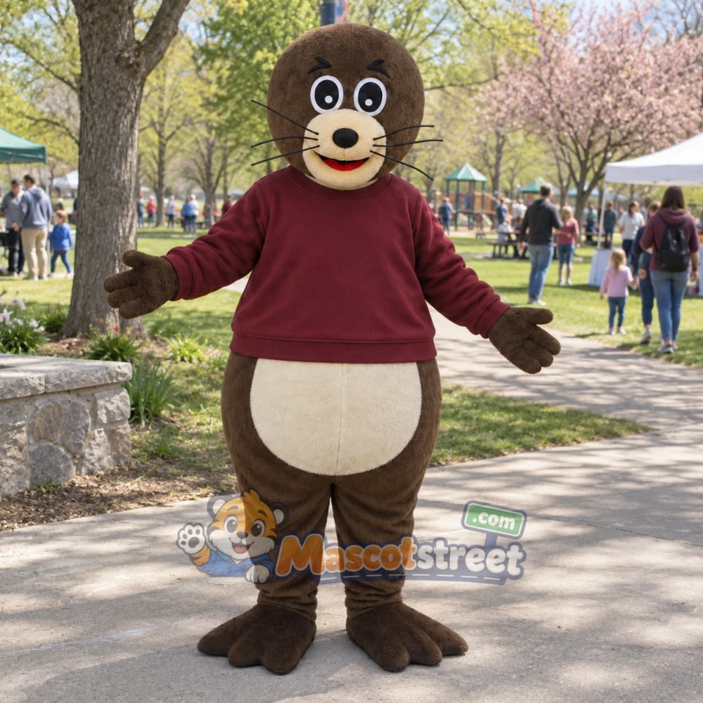 Brown Sea Lion Mascot Costume with Burgundy Sweatshirt Brown Sea Lion Mascot Costume with Burgundy Sweatshirt