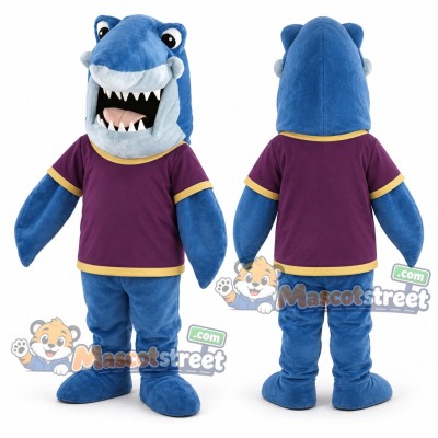Blue Shark Mascot Costume with Purple Shirt Blue Shark Mascot Costume with Purple Shirt