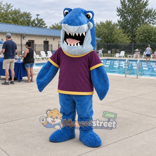 Blue Shark Mascot Costume with Purple Shirt