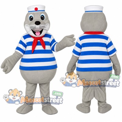 Gray Sea Lion Mascot Costume with Sailor Shirt and Hat Gray Sea Lion Mascot Costume with Sailor Shirt and Hat