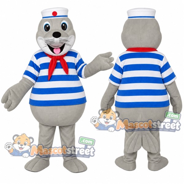 Gray Sea Lion Mascot Costume with Sailor Shirt and Hat