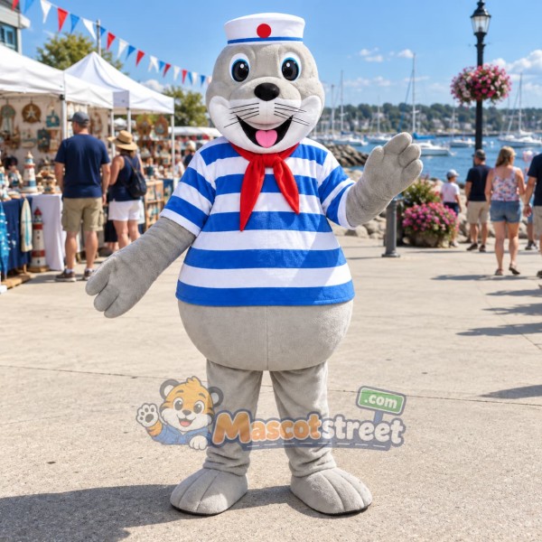 Gray Sea Lion Mascot Costume with Sailor Shirt and Hat