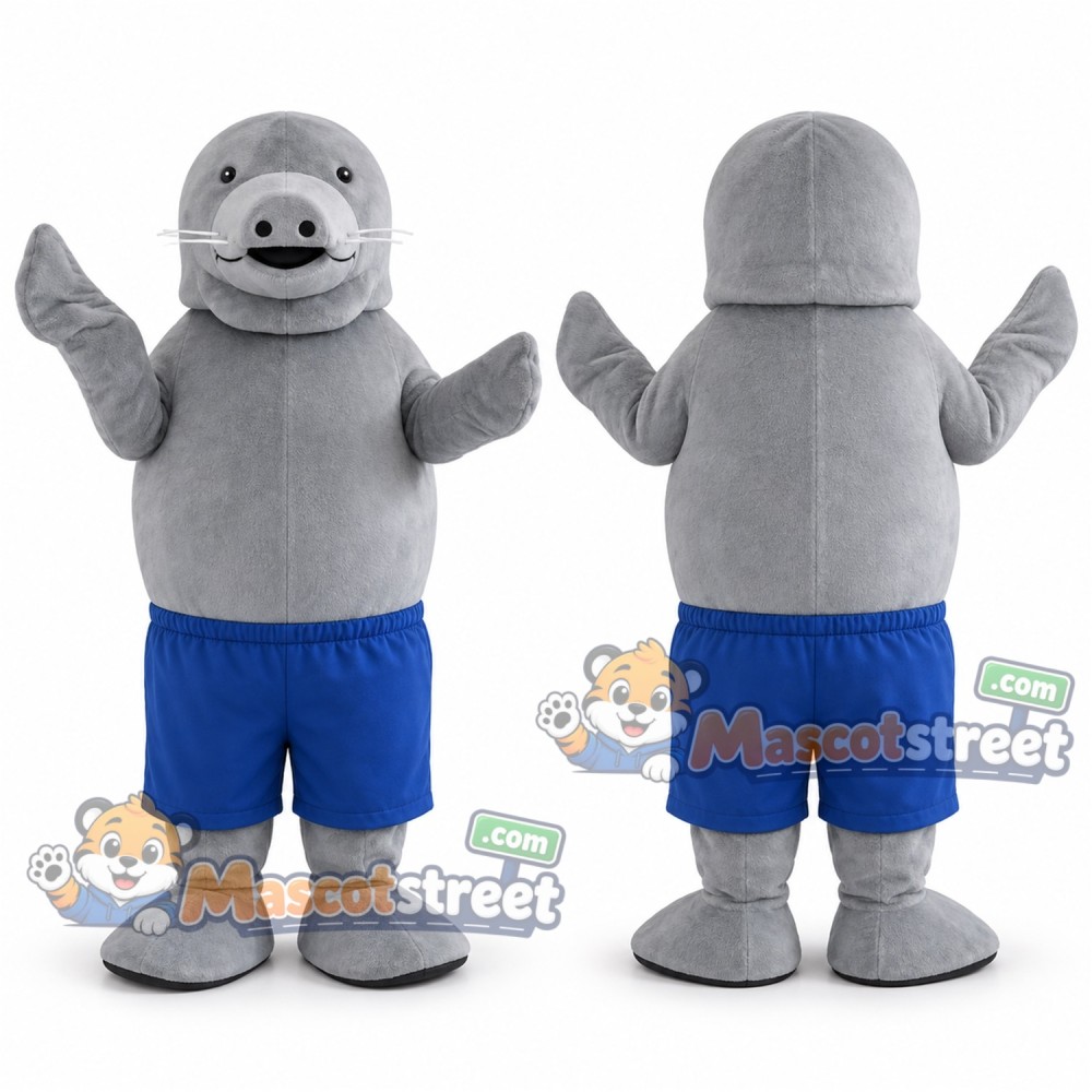 Gray Manatee Mascot Costume with Blue Shorts Gray Manatee Mascot Costume with Blue Shorts