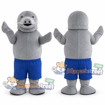 Gray Manatee Mascot Costume with Blue Shorts Gray Manatee Mascot Costume with Blue Shorts