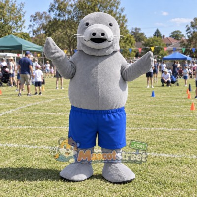 Gray Manatee Mascot Costume with Blue Shorts Gray Manatee Mascot Costume with Blue Shorts