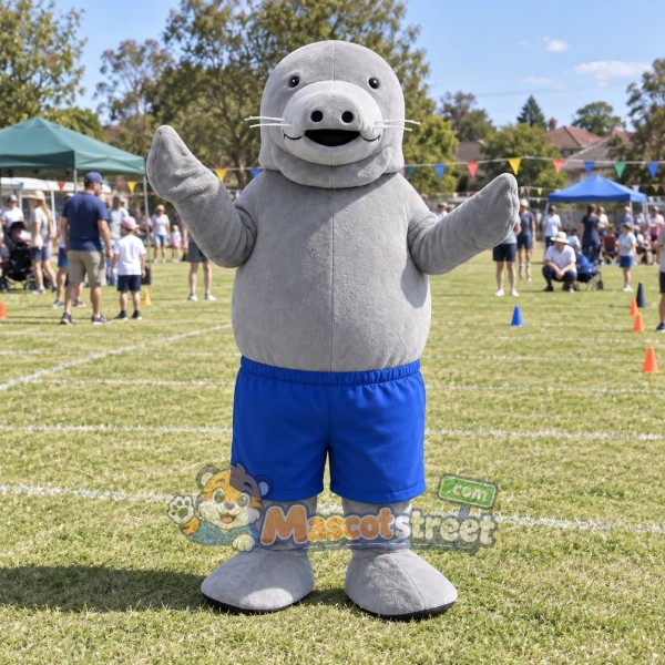Gray Manatee Mascot Costume with Blue Shorts