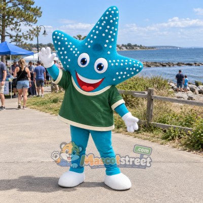 Blue Starfish Mascot Costume with Green Shirt Blue Starfish Mascot Costume with Green Shirt