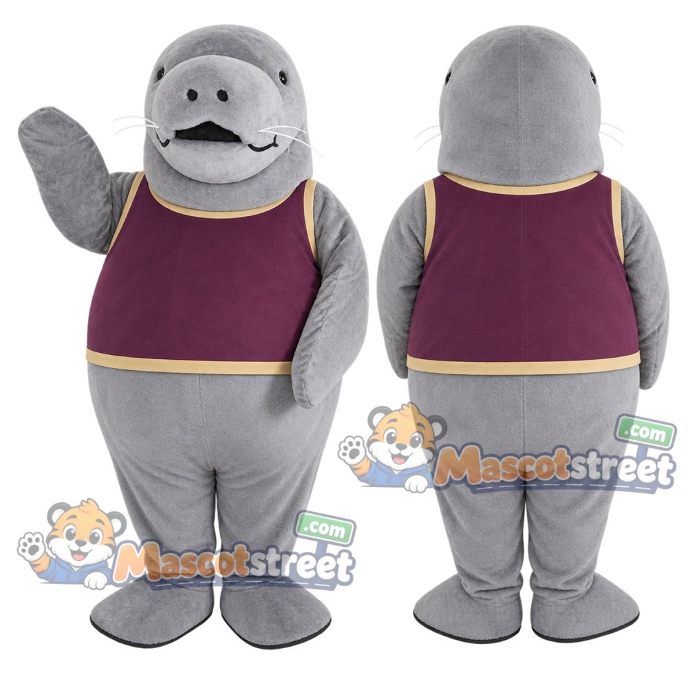 Gray Manatee Mascot Costume with Purple Shirt Gray Manatee Mascot Costume with Purple Shirt