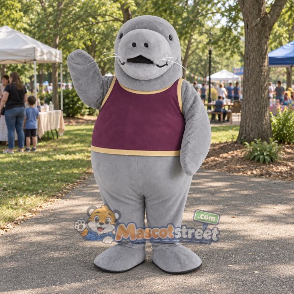 Gray Manatee Mascot Costume with Purple Shirt