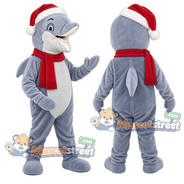 Gray Dolphin Mascot Costume with Santa Hat and Red Scarf
