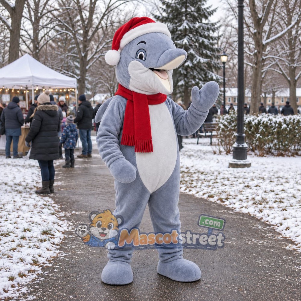 Gray Dolphin Mascot Costume with Santa Hat and Red Scarf Gray Dolphin Mascot Costume with Santa Hat and Red Scarf