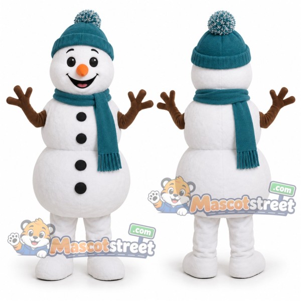 Snowman Mascot Costume with Teal Scarf and Hat