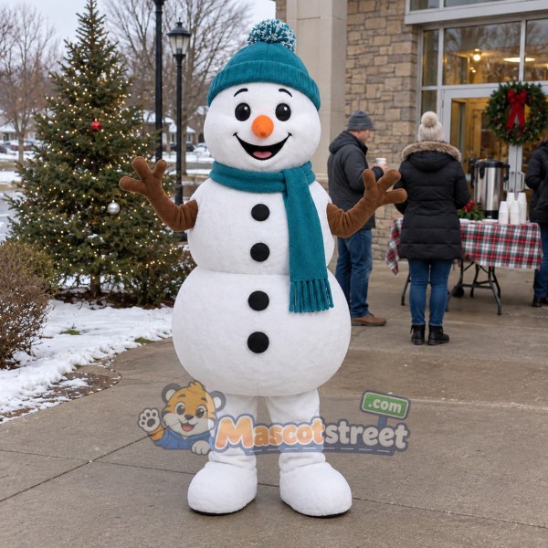 Snowman Mascot Costume with Teal Scarf and Hat