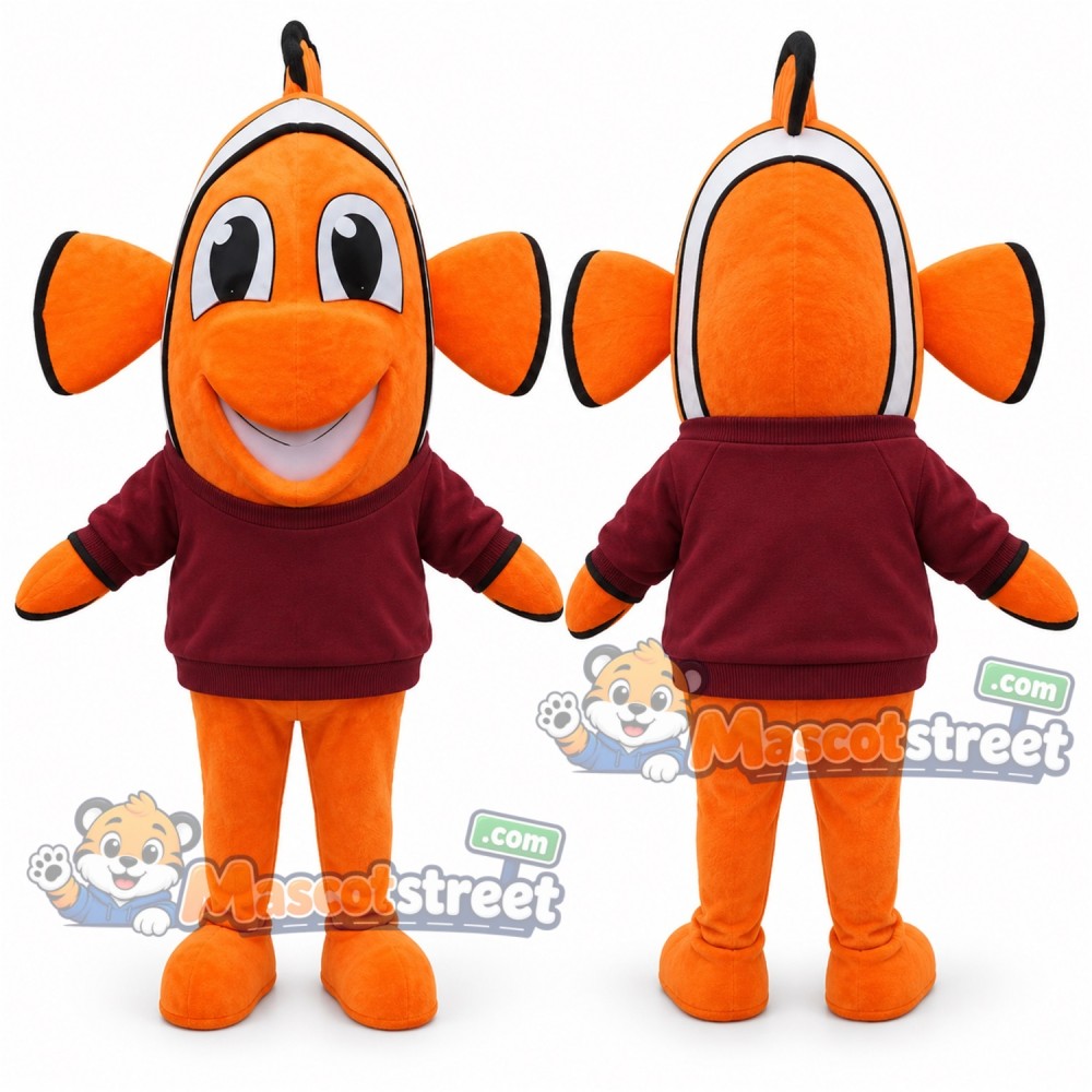 Orange Clownfish Mascot Costume with Burgundy Sweatshirt Orange Clownfish Mascot Costume with Burgundy Sweatshirt