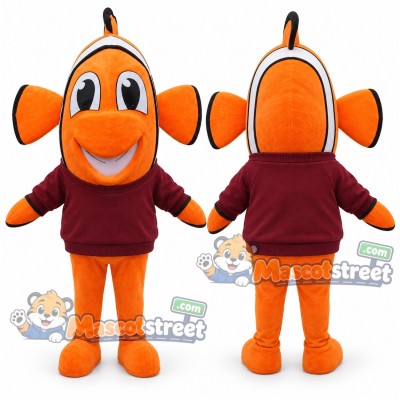 Orange Clownfish Mascot Costume with Burgundy Sweatshirt Orange Clownfish Mascot Costume with Burgundy Sweatshirt